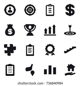 16 vector icon set : target audience, target, clipboard, dollar, money bag, trophy, graph up, puzzle, medal, stairs, golf, housing