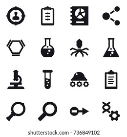 16 vector icon set : target audience, clipboard, annual report, molecule, hex molecule, round flask, virus, flask, microscope, vial, lunar rover, magnifier