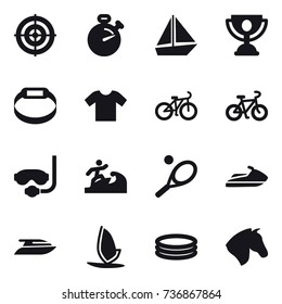 16 vector icon set : target, stopwatch, boat, trophy, smart bracelet, t-shirt, bike, diving mask, surfer, tennis, jet ski, yacht, windsurfing, inflatable pool, horse