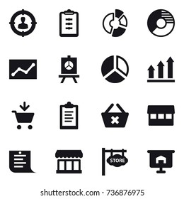 16 vector icon set : target audience, clipboard, circle diagram, statistic, presentation, diagram, graph up, add to cart, delete cart, market, shopping list, store signboard