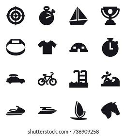 16 vector icon set : target, stopwatch, boat, trophy, smart bracelet, t-shirt, dome house, car baggage, bike, pool, surfer, jet ski, yacht, windsurfing, horse