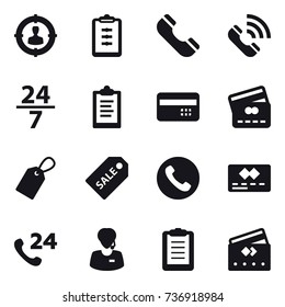16 vector icon set : target audience, clipboard, phone, call, 24/7, credit card, label, sale label