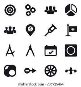 16 Vector Icon Set : Target, Gear, Group, Diagram, Dollar Pin, Draw Compass, Drawing Compass, Ring Button, Wheel, Hard Reach Place Cleaning