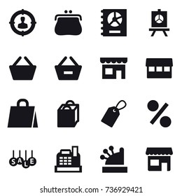 16 vector icon set : target audience, purse, annual report, presentation, basket, remove from basket, shop, market, shopping bag, label, percent, sale, cashbox