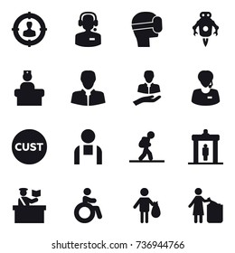 16 vector icon set : target audience, call center, virtual mask, jet robot, tourist, detector, inspector, invalid, trash, garbage bin