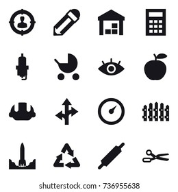 16 vector icon set : target audience, pencil, warehouse, calculator, spark plug, baby stroller, building helmet, barometer, fence, rolling pin, scissors