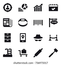 16 vector icon set : target audience, diagram, calendar, newspaper, smart bracelet, barcode, store signboard, vip fence, pool, baggage trolley, rolling pin, meat hammer
