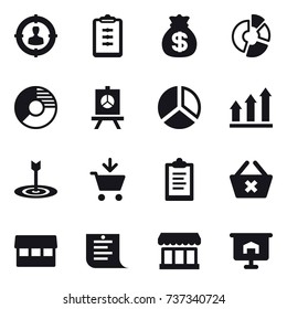 16 vector icon set : target audience, clipboard, money bag, circle diagram, presentation, diagram, graph up, target, add to cart, delete cart, market, shopping list