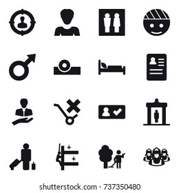 16 vector icon set : target audience, woman, wc, check in, detector, passenger, skyscrapers cleaning, garden cleaning, outsource