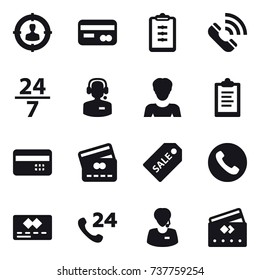 16 vector icon set : target audience, card, clipboard, call, 24/7, call center, woman, credit card, sale label, phone