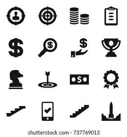 16 vector icon set : target audience, target, coin stack, clipboard, dollar, dollar magnifier, investment, trophy, chess horse, money, medal, stairs, mobile checking