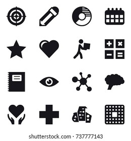 16 vector icon set : target, pencil, circle diagram, calendar, star, heart, courier, calculator, copybook, modern architecture