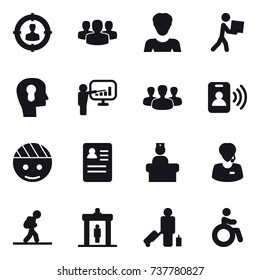 16 vector icon set : target audience, group, woman, courier, bulb head, presentation, pass card, tourist, detector, passenger, invalid