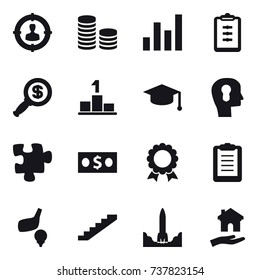 16 vector icon set : target audience, coin stack, graph, clipboard, dollar magnifier, pedestal, graduate hat, bulb head, puzzle, money, medal, golf, stairs, housing