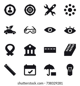 16 vector icon set : target audience, target, pencil wrench, round around, eco car, smart glasses, library, bunker, brick, ruler