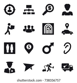 16 vector icon set : target audience, hierarchy, dollar magnifier, woman, courier, group, fingerprint, car pointer, wc, dollar pin, deltaplane, vacuum cleaner, home call cleaning