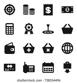 16 vector icon set : target, coin stack, receipt, money, calculator, medal, basket, wallet, add to basket, delete cart, baggage get