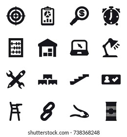 16 vector icon set : target, report, dollar magnifier, alarm clock, abacus, warehouse, notebook, table lamp, pencil wrench, block wall, stairs, check in, Chair for babies, walnut crack