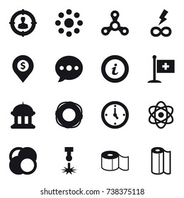 16 vector icon set : target audience, round around, spinner, infinity power, dollar pin, ballon, info, goverment house, lifebuoy, watch, toilet paper, paper towel