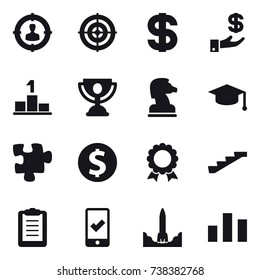 16 vector icon set : target audience, target, dollar, investment, pedestal, trophy, chess horse, graduate hat, puzzle, dollar coin, medal, stairs, mobile checking