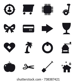 16 vector icon set : target audience, delivery, chip, segway, bow, credit card, right arrow, wineglass, palm, hand mill, scissors, shovel, house cleaning