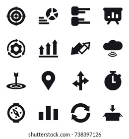 16 vector icon set : target, diagram, presentation, around gear, graph up, up down arrow, cloud wireless, compass, reload, package