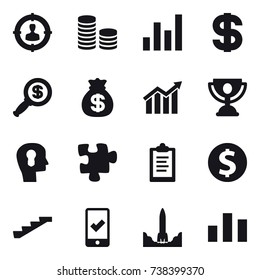 16 vector icon set : target audience, coin stack, graph, dollar, dollar magnifier, money bag, diagram, trophy, bulb head, puzzle, clipboard, dollar coin, stairs, mobile checking