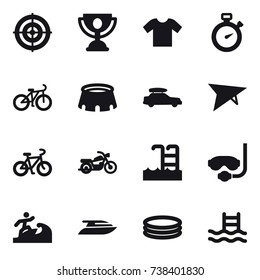 16 vector icon set : target, trophy, t-shirt, stopwatch, bike, stadium, car baggage, deltaplane, motorcycle, pool, diving mask, surfer, yacht, inflatable pool