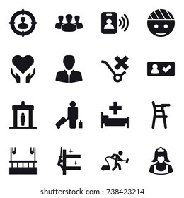 16 vector icon set : target audience, group, pass card, check in, detector, passenger, hospital, Chair for babies, skyscapers cleaning, skyscrapers cleaning, vacuum cleaner, cleaner