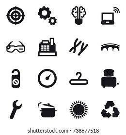 16 vector icon set : target, gear, bulb brain, notebook wireless, smart glasses, cashbox, bridge, do not distrub, barometer, hanger, toaster, steam pan, recycling