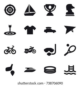 16 vector icon set : target, boat, trophy, chess horse, t-shirt, car baggage, deltaplane, bike, motorcycle, diving mask, tennis, golf, yacht, inflatable pool, pool
