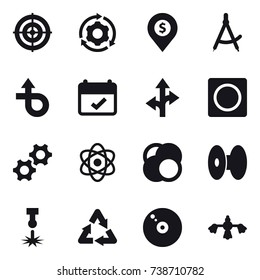 16 vector icon set : target, around gear, dollar pin, draw compass, ring button, hard reach place cleaning