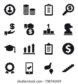 16 vector icon set : target audience, coin stack, clipboard, dollar magnifier, investment, money gift, pedestal, chess horse, graduate hat, graph up, dollar coin, medal, mobile checking, golf