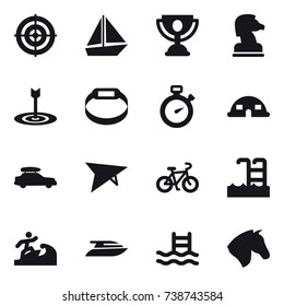 16 vector icon set : target, boat, trophy, chess horse, smart bracelet, stopwatch, dome house, car baggage, deltaplane, bike, pool, surfer, yacht, horse