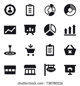 16 vector icon set : target audience, clipboard, circle diagram, statistic, presentation, diagram, graph up, target, add to cart, delete cart, market, store signboard