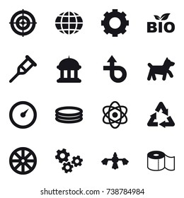 16 vector icon set : target, globe, gear, bio, goverment house, dog, barometer, inflatable pool, wheel, gears, hard reach place cleaning, toilet paper