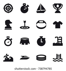 16 vector icon set : target, stopwatch, boat, trophy, chess horse, smart bracelet, t-shirt, stadium, pool, surfer, yacht, inflatable pool