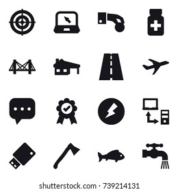 16 vector icon set : target, notebook, hand coin, bridge, house with garage, electricity, axe, fish, water tap