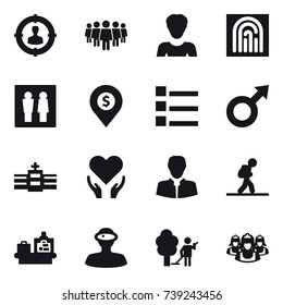 16 vector icon set : target audience, team, woman, fingerprint, wc, dollar pin, list, tourist, baggage checking, garden cleaning, outsource