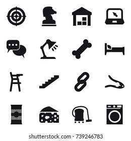 16 vector icon set : target, chess horse, warehouse, notebook, discussion, table lamp, bed, Chair for babies, stairs, walnut crack, cheese, vacuum cleaner, washing machine