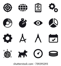 16 Vector Icon Set : Target, Globe, Report, Gear, Circle Diagram, Stopwatch, Eye, Diagram, Draw Compass, Drawing Compass, Disco Ball, Dog, Barometer, Inflatable Pool