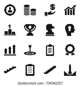 16 vector icon set : target audience, coin stack, investment, diagram, pedestal, trophy, chess horse, bulb head, graph up, target, clipboard, medal, stairs