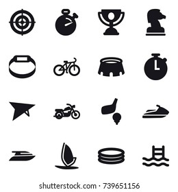 16 vector icon set : target, stopwatch, trophy, chess horse, smart bracelet, bike, stadium, deltaplane, motorcycle, golf, jet ski, yacht, windsurfing, inflatable pool, pool
