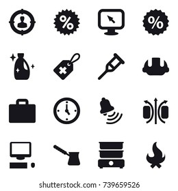 16 vector icon set : target audience, percent, monitor arrow, cleanser, building helmet, suitcase iocn, watch, bell, turk, fire