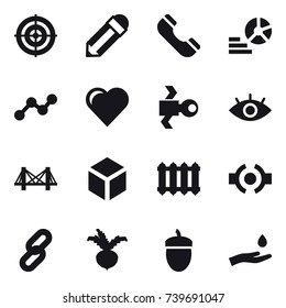 16 vector icon set : target, pencil, phone, diagram, graph, heart, satellite, bridge, 3d, radiator, beet, acorn, hand and drop