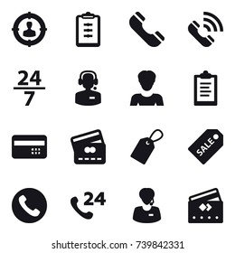 16 vector icon set : target audience, clipboard, phone, call, 24/7, call center, woman, credit card, label, sale label