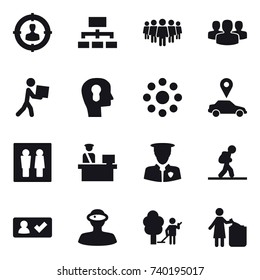 16 vector icon set : target audience, hierarchy, team, group, courier, bulb head, round around, car pointer, wc, tourist, check in, garden cleaning, garbage bin