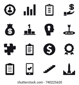 16 vector icon set : target audience, graph, clipboard, investment, money bag, pedestal, bulb head, target, puzzle, dollar coin, medal, mobile checking, stairs