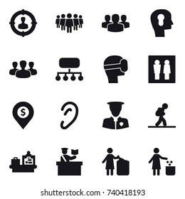 16 vector icon set : target audience, team, group, bulb head, structure, virtual mask, wc, dollar pin, tourist, baggage checking, inspector, garbage bin