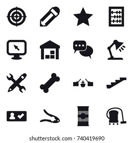 16 vector icon set : target, pencil, star, abacus, monitor arrow, warehouse, discussion, table lamp, pencil wrench, drawbridge, stairs, check in, walnut crack, vacuum cleaner